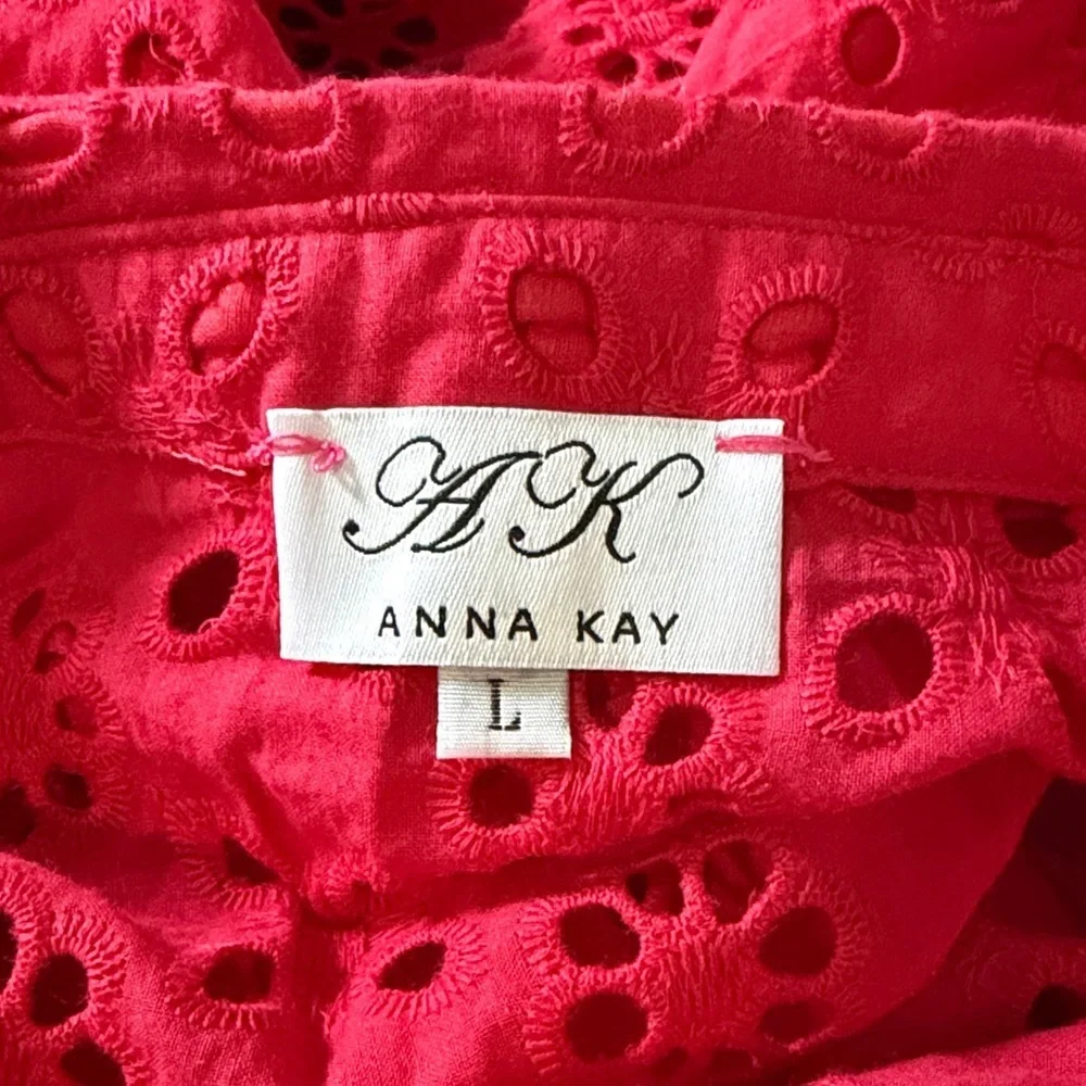 Anna Kay Red Embroidered Eyelet Blouse Button Front Puff Sleeve France Sz L